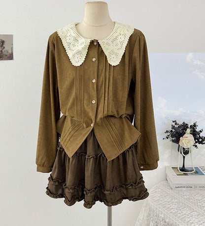 Corduroy Long Sleeve Blouse with Pintuck Collar and Lace Detail