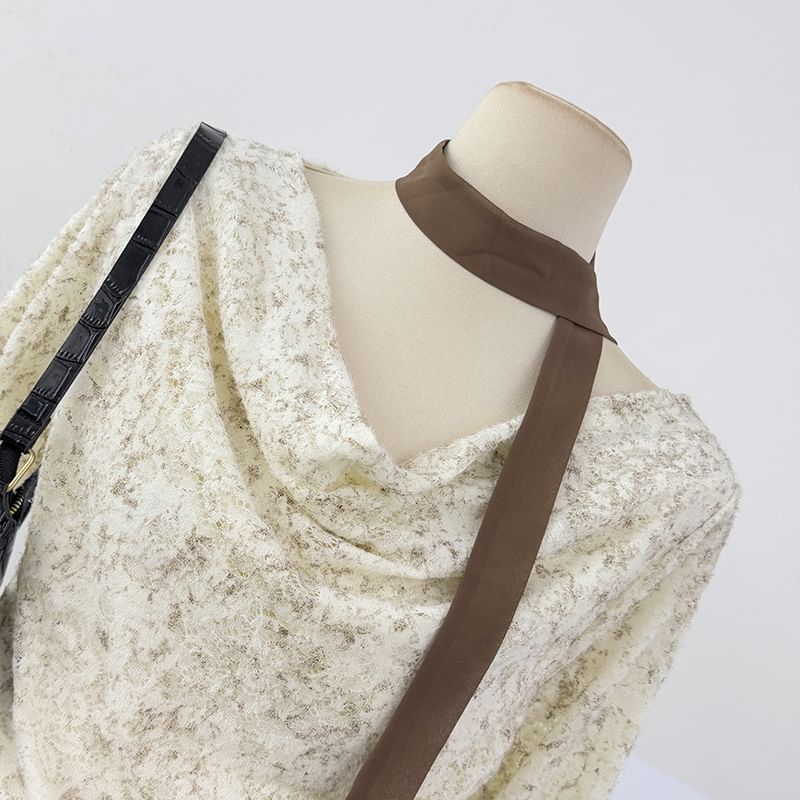 Cowl Neck Drawstring Lace Top with Ruffle Hem and Scarf Set