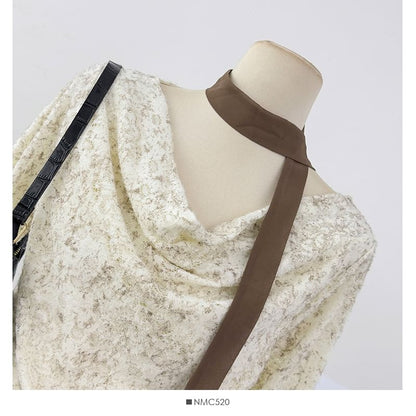 Cowl Neck Drawstring Lace Top with Ruffle Hem and Scarf Set