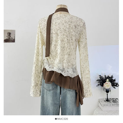 Cowl Neck Drawstring Lace Top with Ruffle Hem and Scarf Set