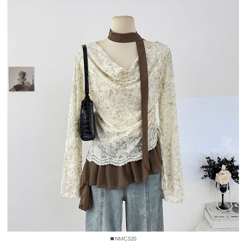 Cowl Neck Drawstring Lace Top with Ruffle Hem and Scarf Set