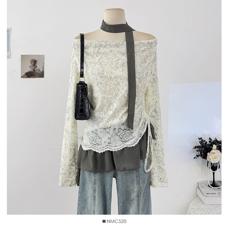 Cowl Neck Drawstring Lace Top with Ruffle Hem and Scarf Set