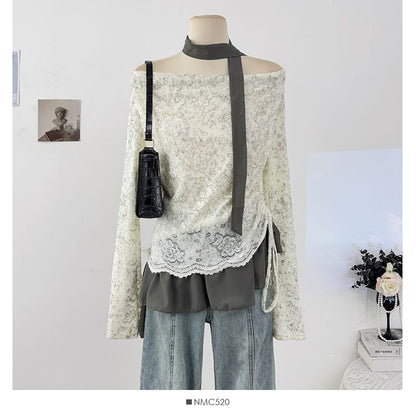 Cowl Neck Drawstring Lace Top with Ruffle Hem and Scarf Set