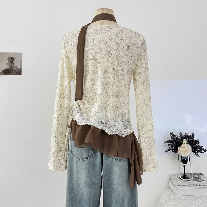 Cowl Neck Drawstring Lace Top with Ruffle Hem and Scarf Set