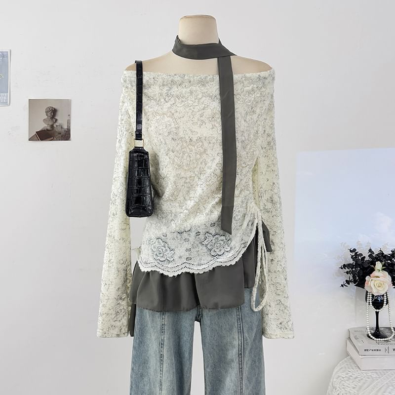 Cowl Neck Drawstring Lace Top with Ruffle Hem and Scarf Set