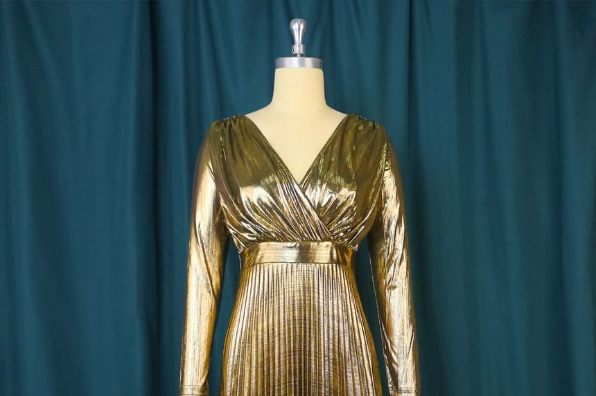 Long-Sleeve V-Neck Metallic Pleated Open Back A-Line Evening Dress