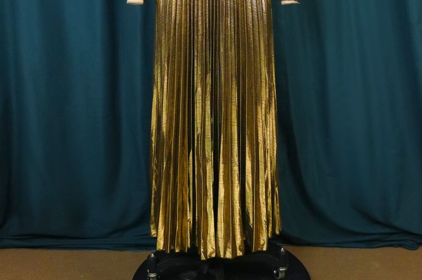 Long-Sleeve V-Neck Metallic Pleated Open Back A-Line Evening Dress