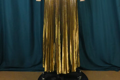 Long-Sleeve V-Neck Metallic Pleated Open Back A-Line Evening Dress