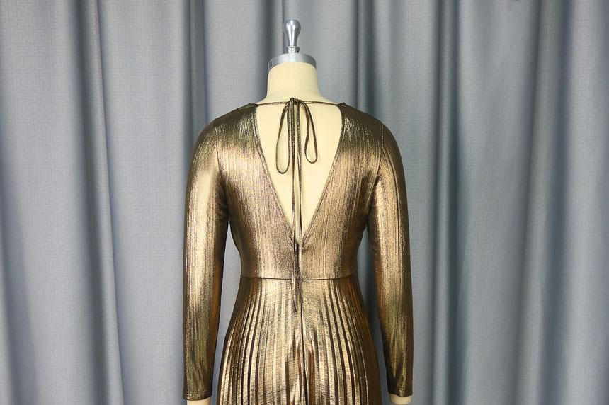 Long-Sleeve V-Neck Metallic Pleated Open Back A-Line Evening Dress