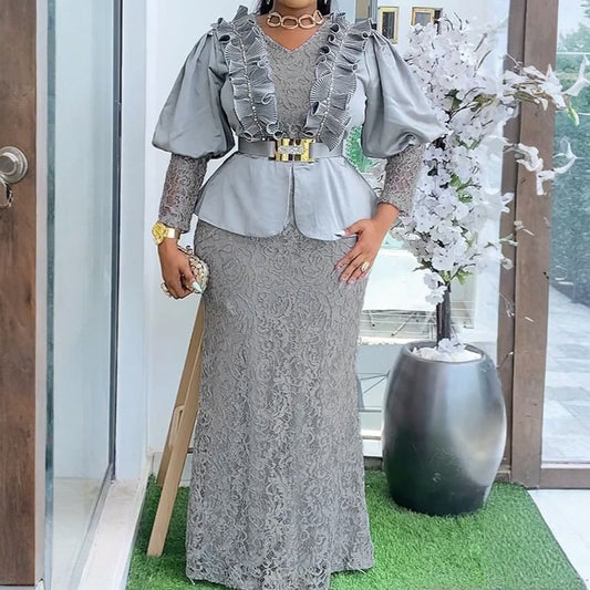 Long-Sleeve V-Neck Lace Panel Ruffle Trim Mermaid Evening Gown