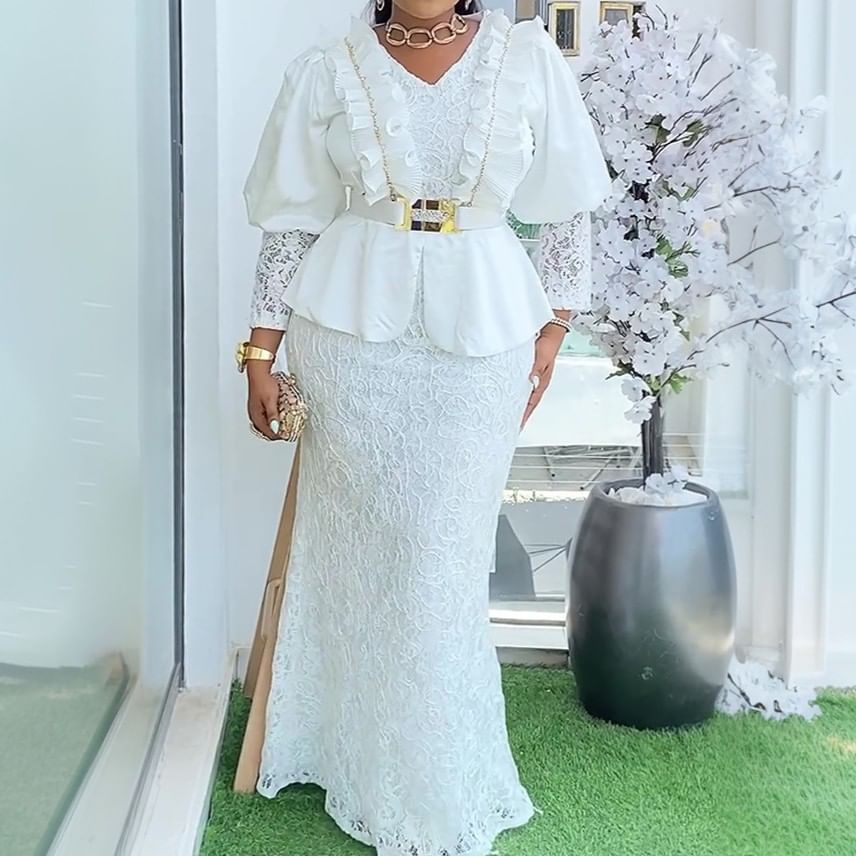 Long-Sleeve V-Neck Lace Panel Ruffle Trim Mermaid Evening Gown
