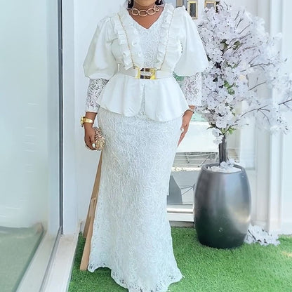 Long-Sleeve V-Neck Lace Panel Ruffle Trim Mermaid Evening Gown