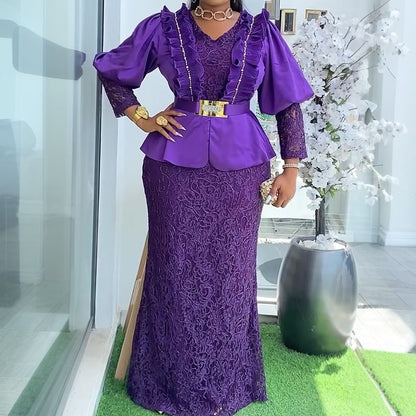 Long-Sleeve V-Neck Lace Panel Ruffle Trim Mermaid Evening Gown