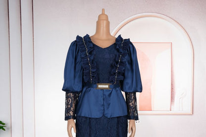 Long-Sleeve V-Neck Lace Panel Ruffle Trim Mermaid Evening Gown