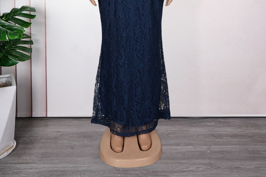 Long-Sleeve V-Neck Lace Panel Ruffle Trim Mermaid Evening Gown
