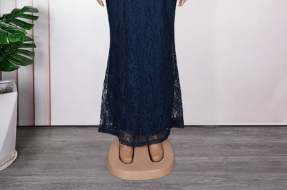 Long-Sleeve V-Neck Lace Panel Ruffle Trim Mermaid Evening Gown
