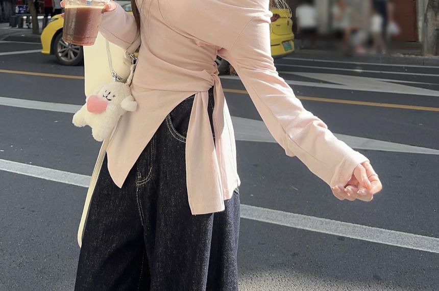Off-Shoulder Knotted Slim Tee with Long Sleeves