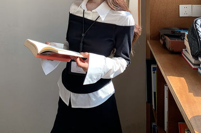 Color-Block Slim Shirt with Mock Two-Piece Style