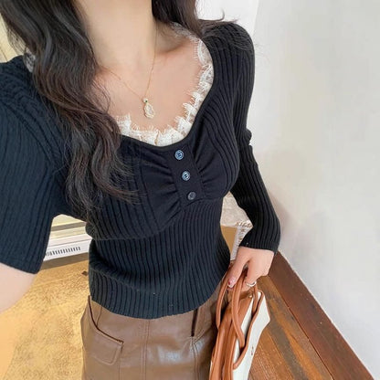 Ribbed Knit V-Neck Long Sleeve Top with Lace Trim