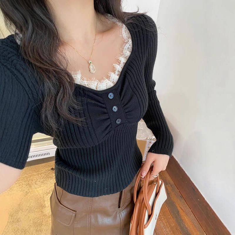 Ribbed Knit V-Neck Long Sleeve Top with Lace Trim