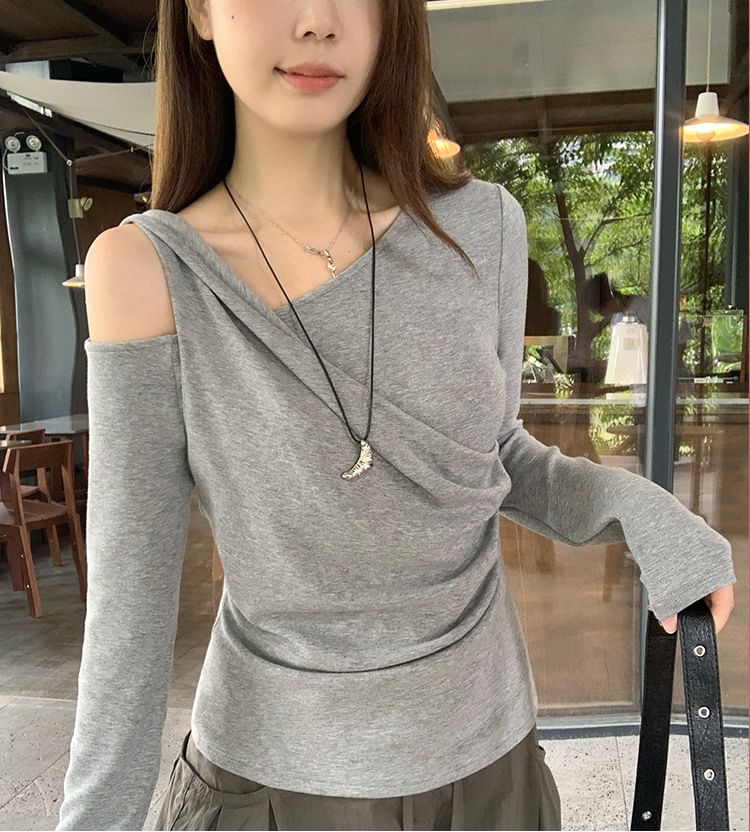 Cold Shoulder Plain Long Sleeve Fitted Tee