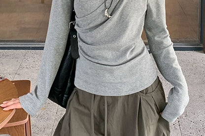 Cold Shoulder Plain Long Sleeve Fitted Tee