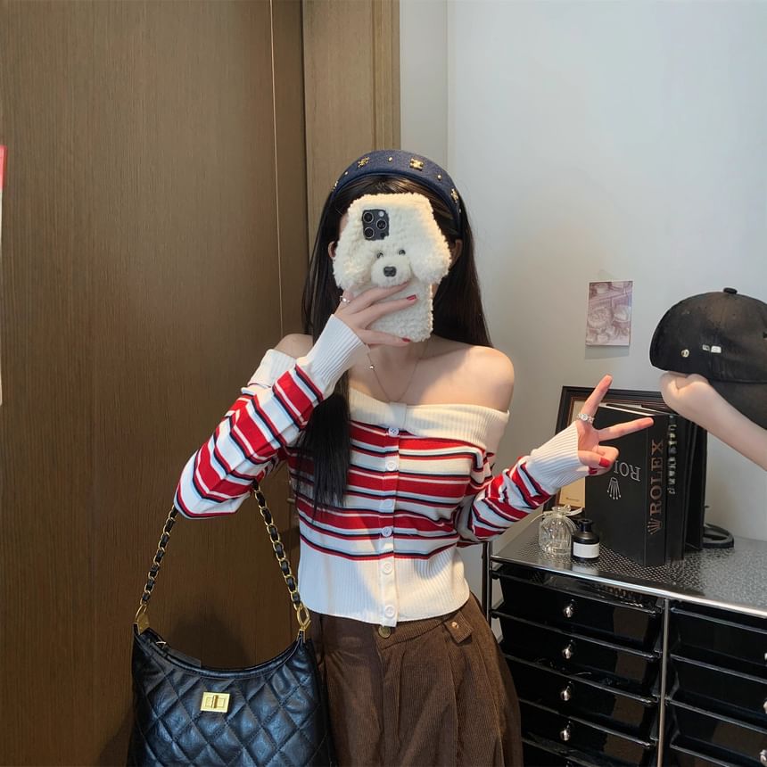 Striped Off-Shoulder Slim Knit Top with Long Sleeves