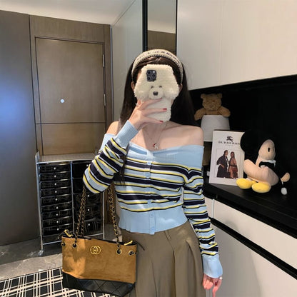 Striped Off-Shoulder Slim Knit Top with Long Sleeves