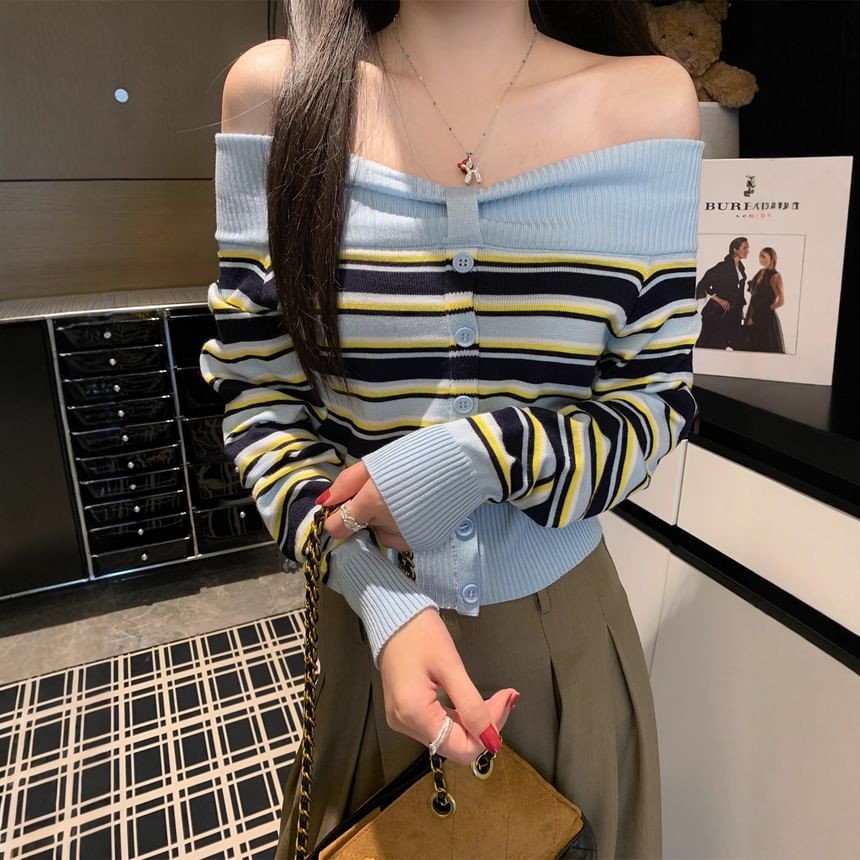 Striped Off-Shoulder Slim Knit Top with Long Sleeves