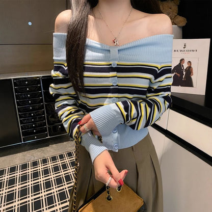 Striped Off-Shoulder Slim Knit Top with Long Sleeves