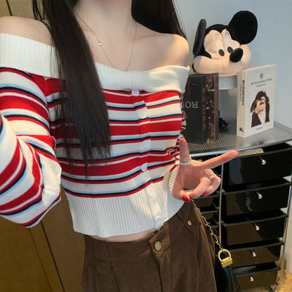 Striped Off-Shoulder Slim Knit Top with Long Sleeves