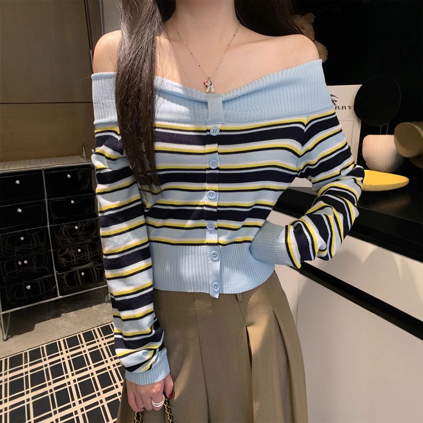 Striped Off-Shoulder Slim Knit Top with Long Sleeves