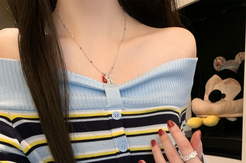 Striped Off-Shoulder Slim Knit Top with Long Sleeves