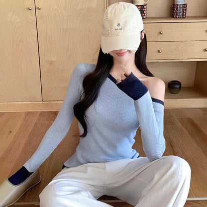 Off-Shoulder Ribbed Knit Slim Top with Contrast Trim