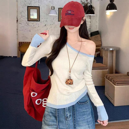 Off-Shoulder Ribbed Knit Slim Top with Contrast Trim