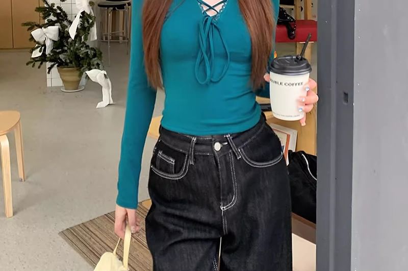 Lace-Up V-Neck Fitted Tee with Long Sleeves
