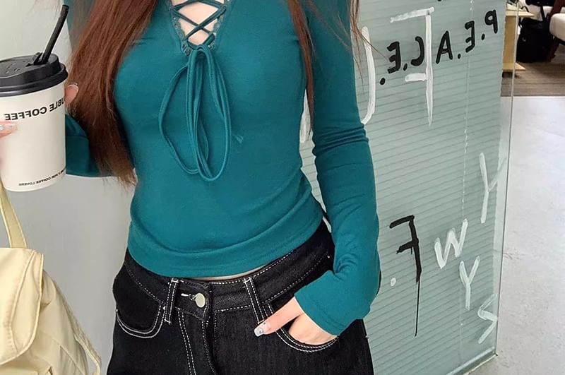 Lace-Up V-Neck Fitted Tee with Long Sleeves