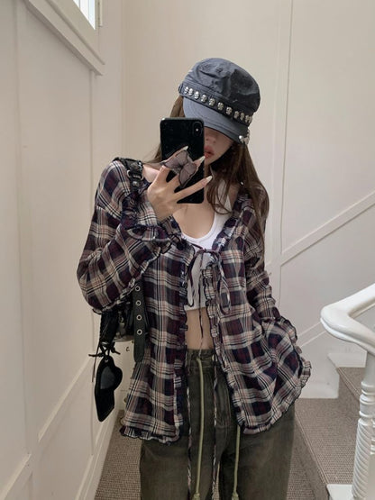 Plaid Tie-Front Blouse with Ruffled Trim and V-Neck
