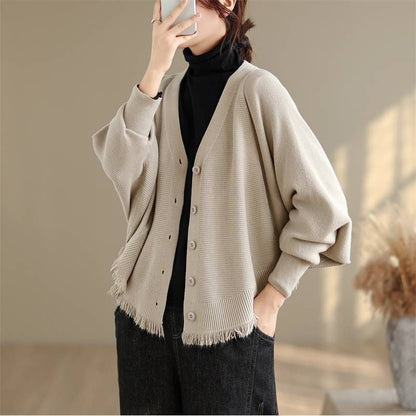 Batwing-Sleeve V-Neck Fringed Button-Up Plain Cardigan