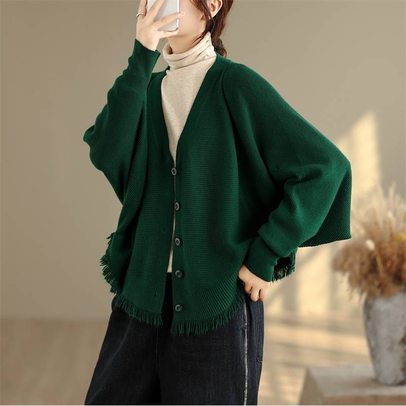 Batwing-Sleeve V-Neck Fringed Button-Up Plain Cardigan