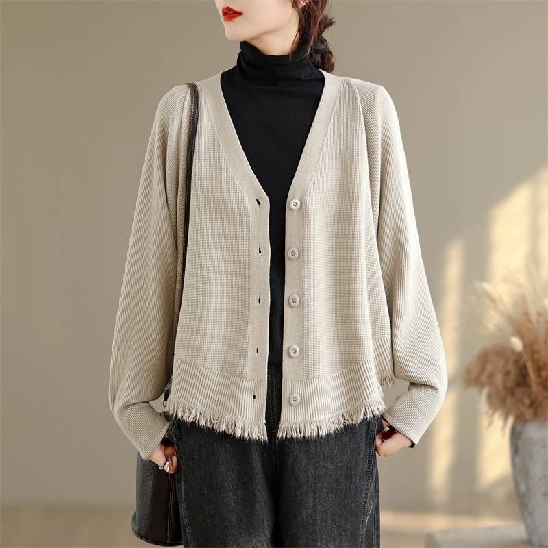 Batwing-Sleeve V-Neck Fringed Button-Up Plain Cardigan