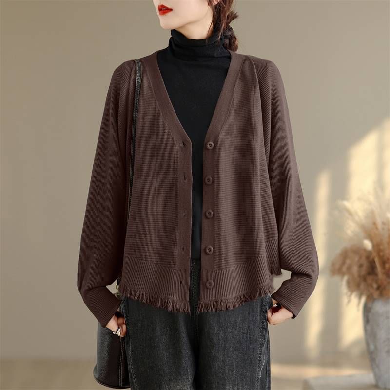 Batwing-Sleeve V-Neck Fringed Button-Up Plain Cardigan