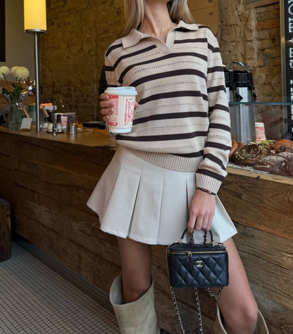 Striped V-Neck Loose-Fit Polo Sweater