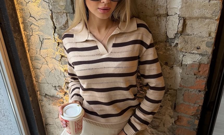 Striped V-Neck Loose-Fit Polo Sweater
