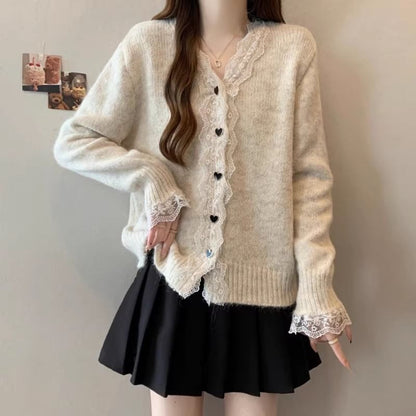 V-Neck Plain Lace Trim Cardigan