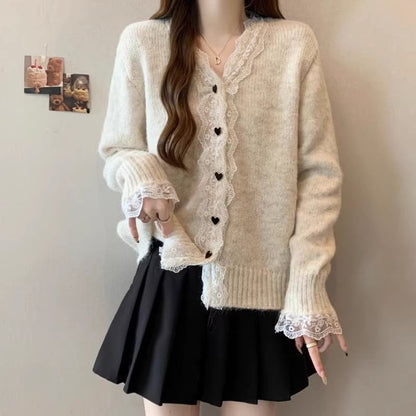 V-Neck Plain Lace Trim Cardigan