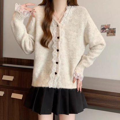 V-Neck Plain Lace Trim Cardigan