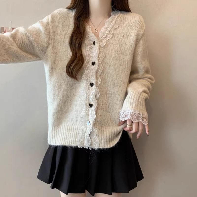V-Neck Plain Lace Trim Cardigan
