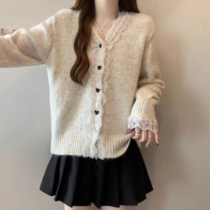 V-Neck Plain Lace Trim Cardigan
