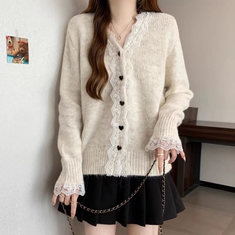V-Neck Plain Lace Trim Cardigan
